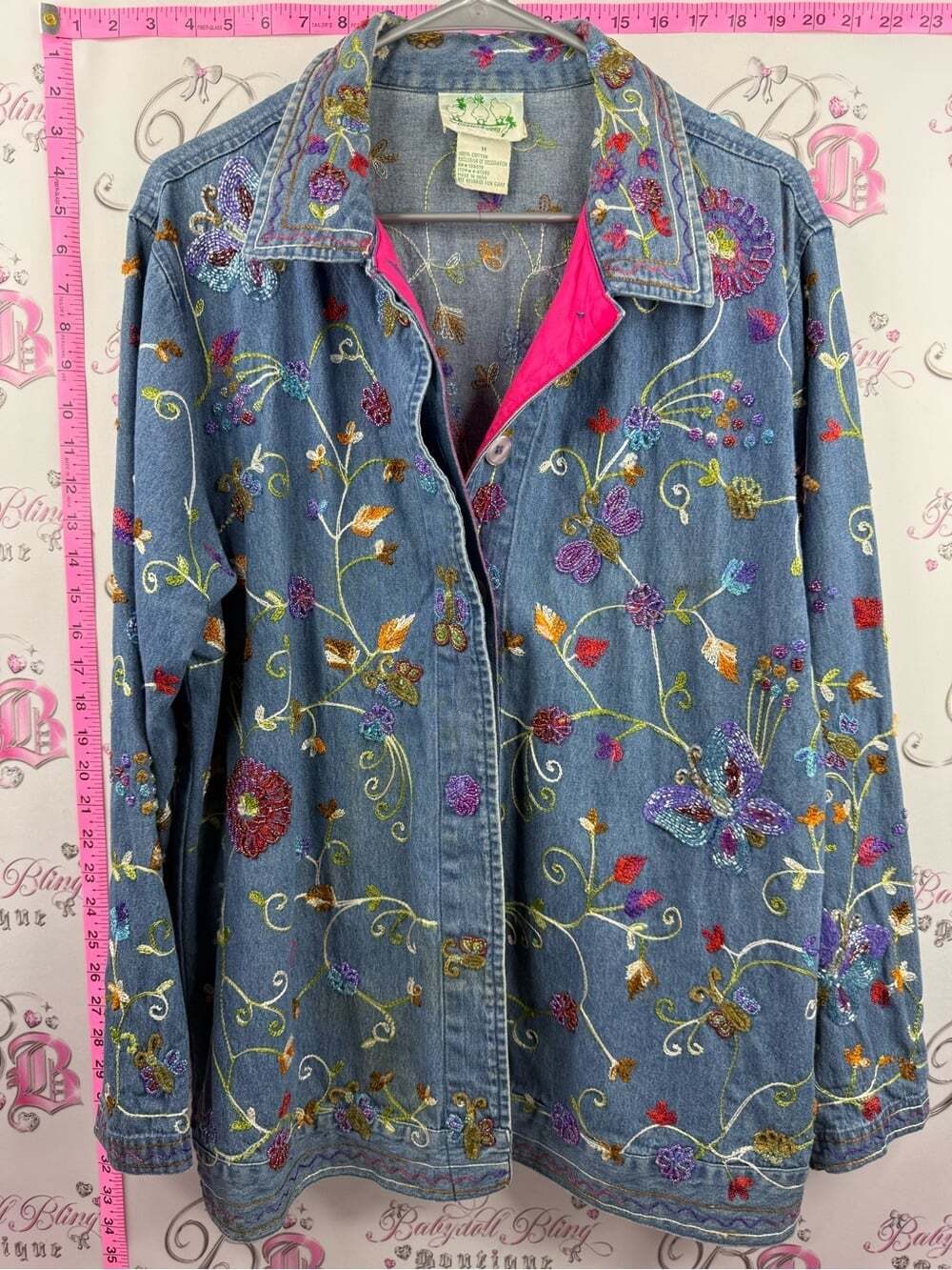 THE QUACKER FACTORY embroidered Floral Denim Jacket Blue with Pink Trim coat